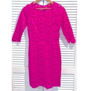 Banjul Hot Pink Mini Lace Dress with 3/4 sleeves Stretchy Small